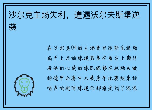沙尔克主场失利，遭遇沃尔夫斯堡逆袭
